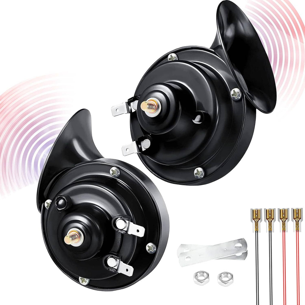 Dual 12V electric car horn set with two black horns and silver mounting brackets