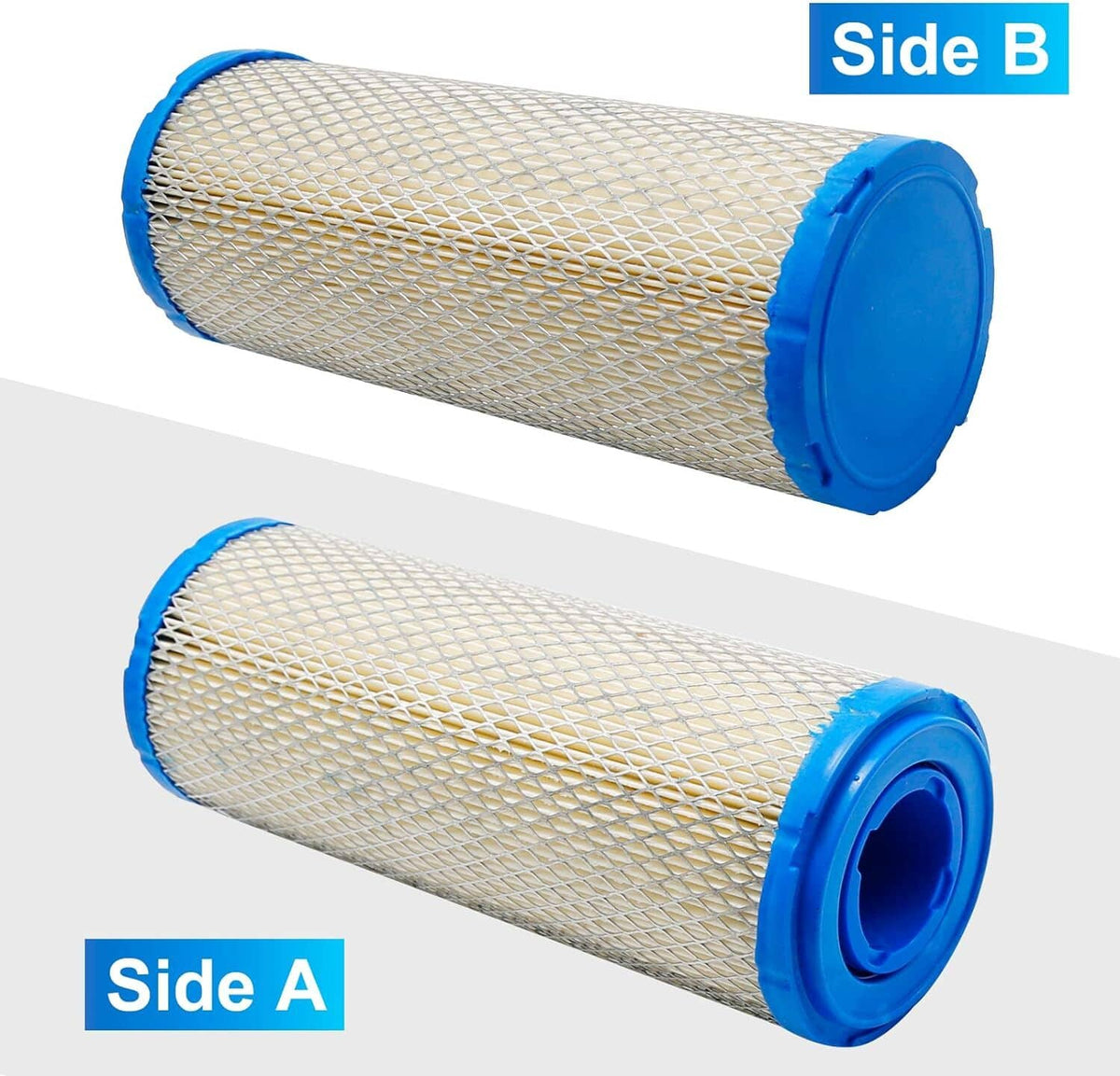 Air filter cartridge pleated mesh cylinder with blue caps, shown from side angles A and B.