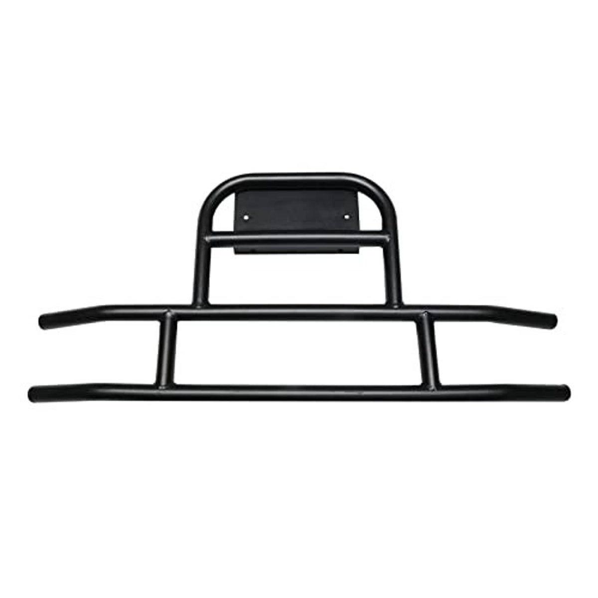 Black front bumper brush guard for golf cart, tubular frame with curved side rails.
