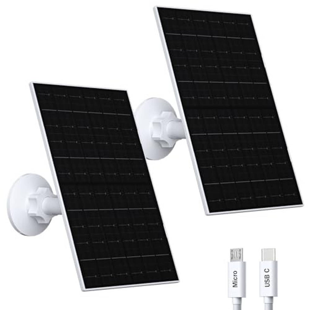 Solar panel charging kit with two black panels, white mount, and Micro/USB connector cables