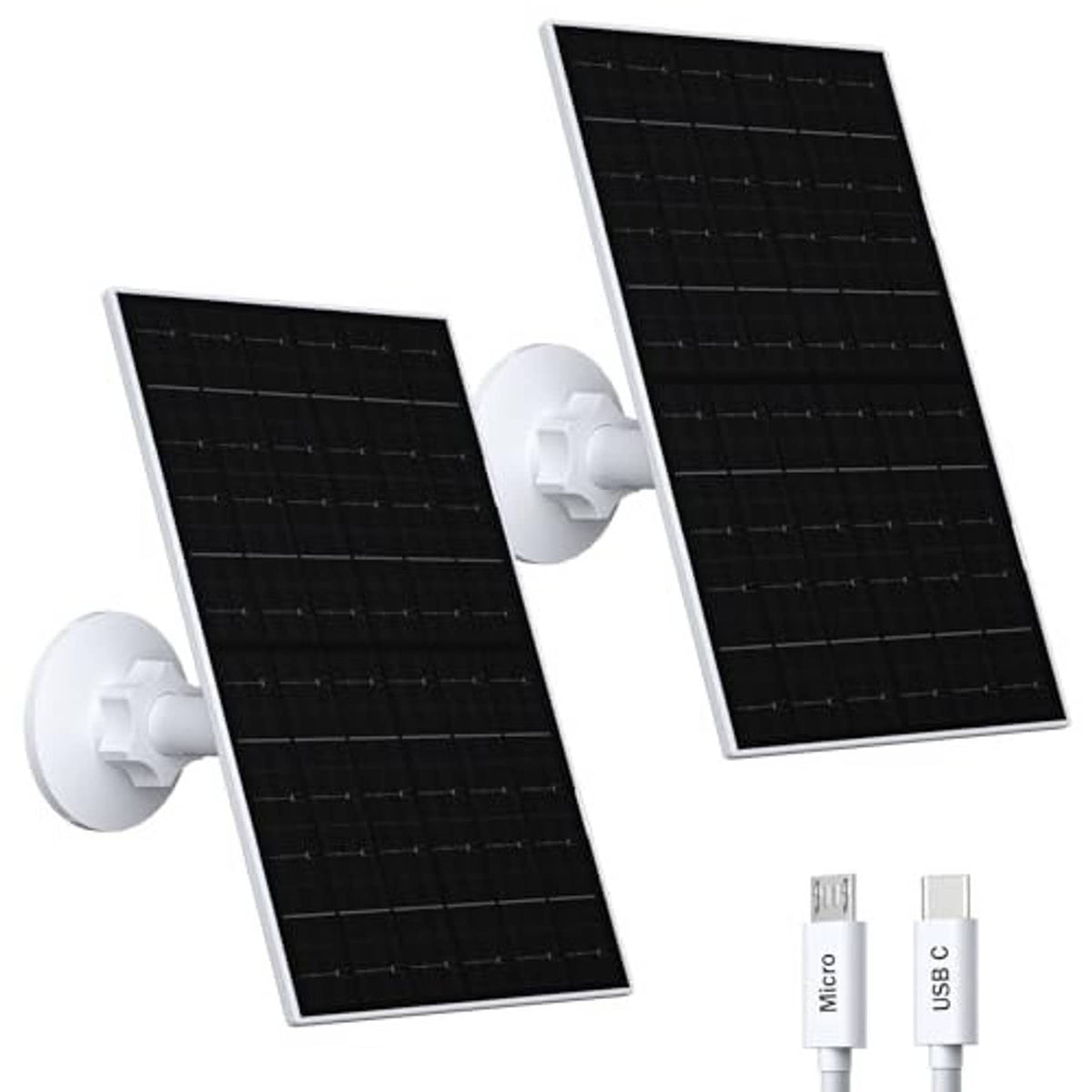 Solar panel charging kit with two black panels, white mount, and Micro/USB connector cables