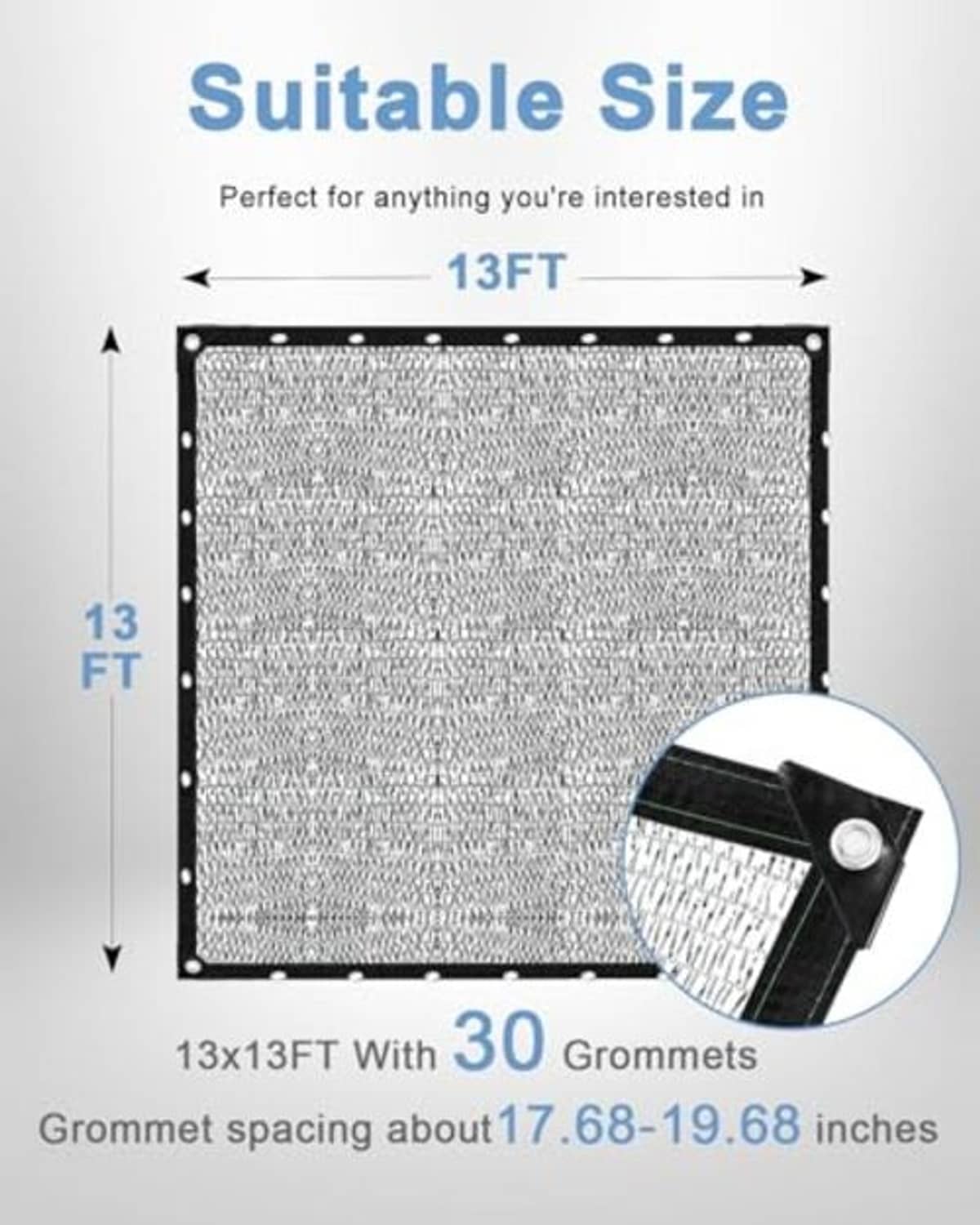 13x13FT reflective shade cloth with 30 grommets, gray mesh and black border frame