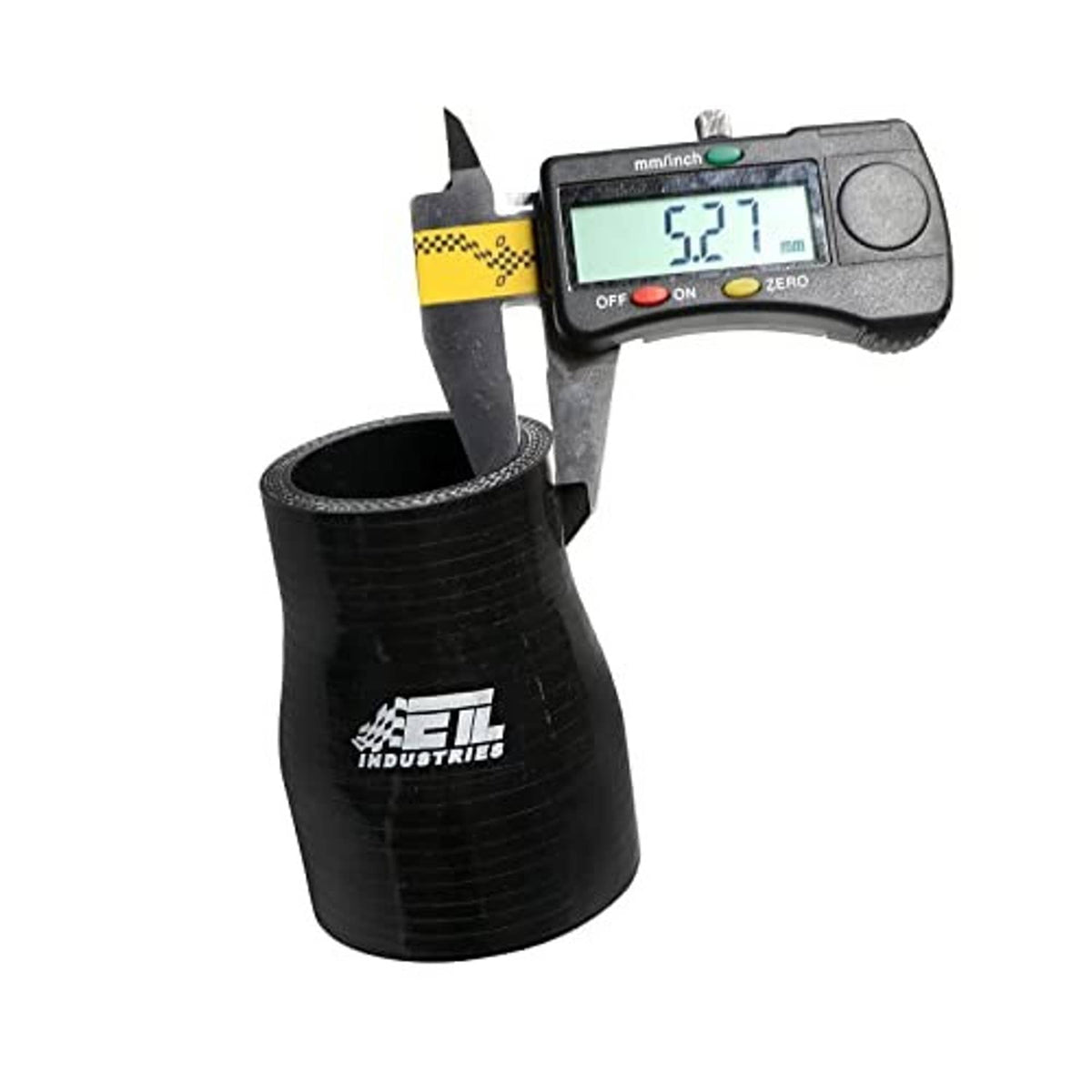 Black silicone reducer coupler with silver dial caliper measurement