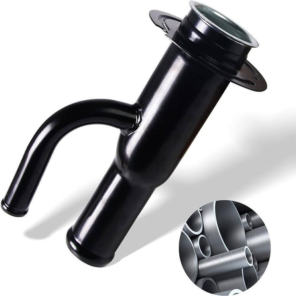 Fuel tank filler neck pipe, black curved tube with circular mounting flange