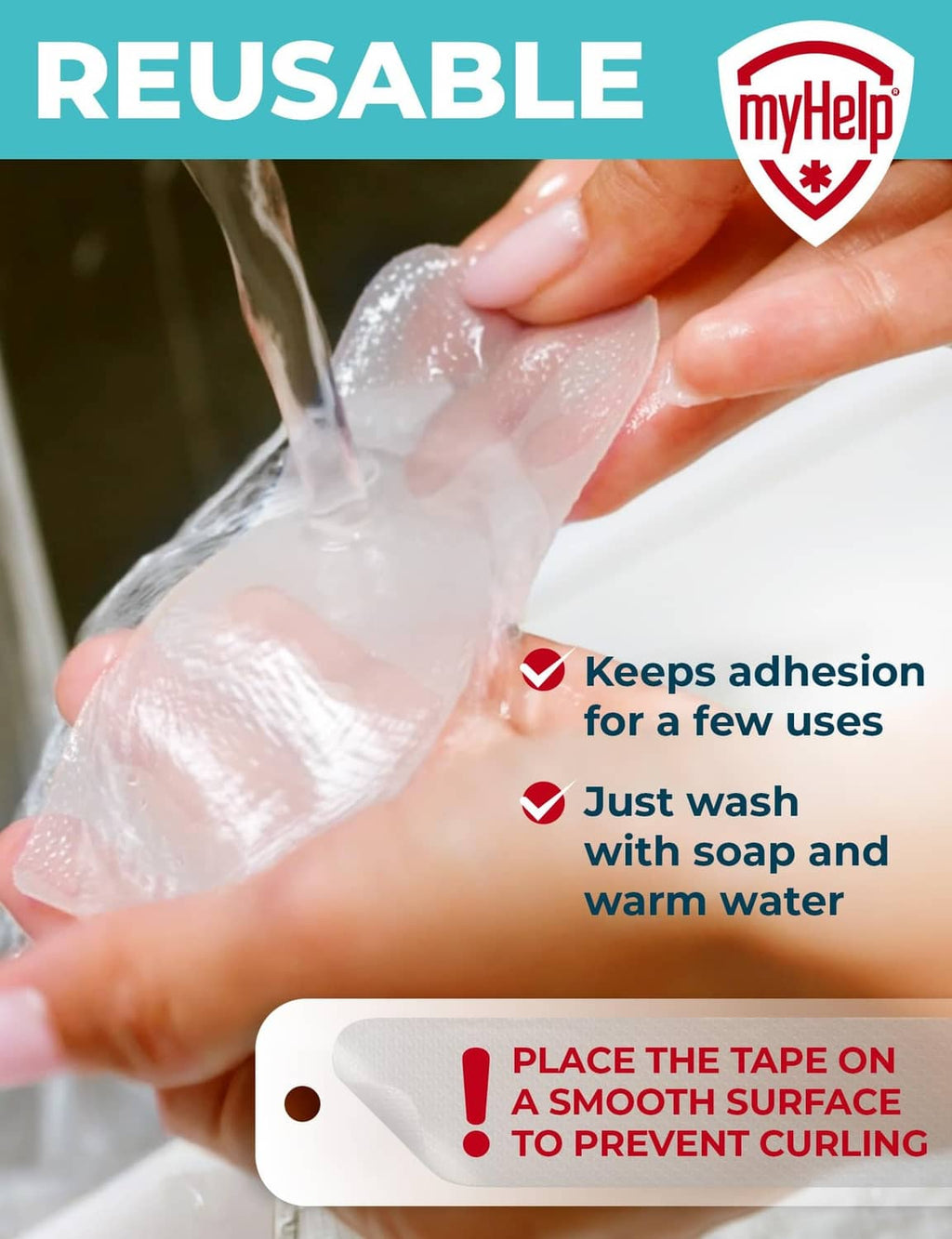 Transparent silicone scar tape being rinsed in warm water, reusable sheet on hand