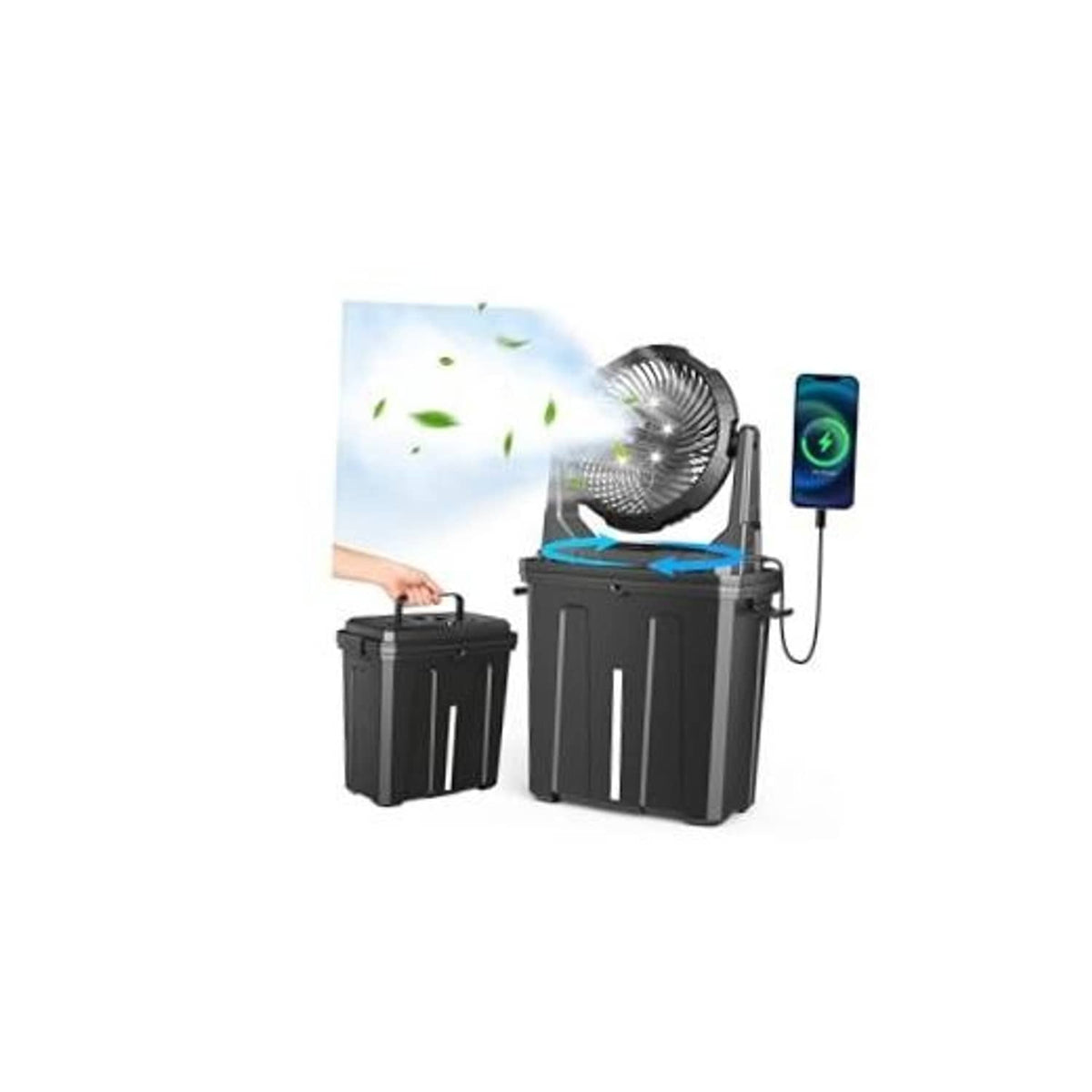 Black portable misting fan with oscillating grille, showing airflow and mist