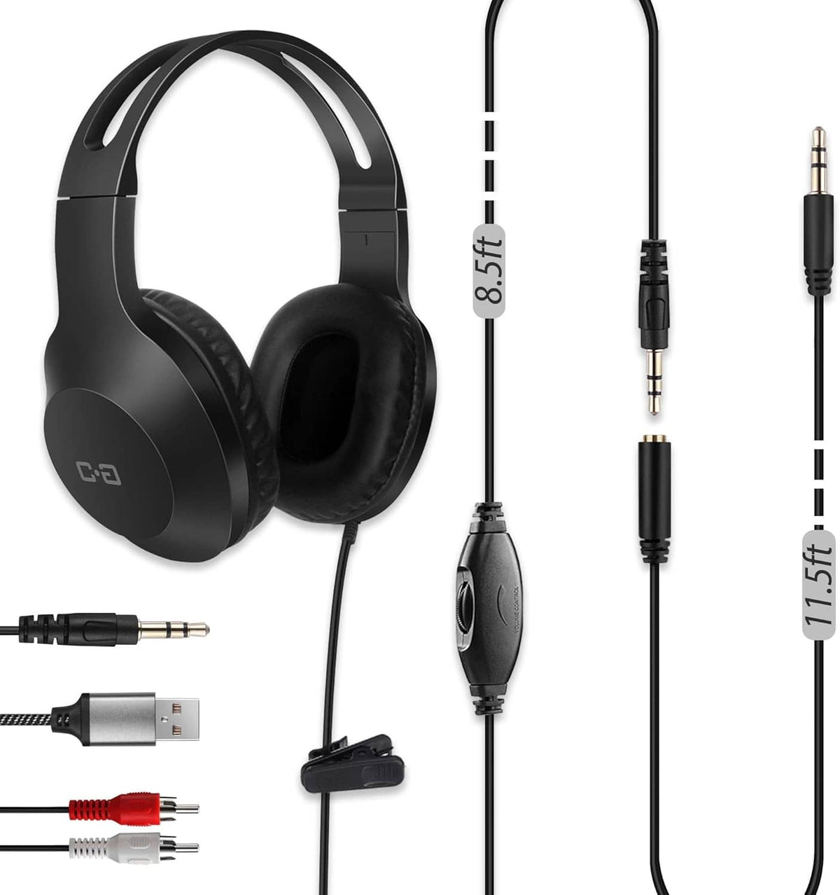 Black over-ear wired headphones with long cord, extension cable, and 3.5mm plug