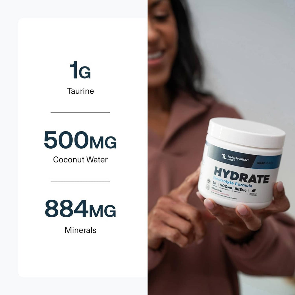 Hydrate electrolyte tub label highlights: 1g taurine, 500mg coconut water, 884mg minerals