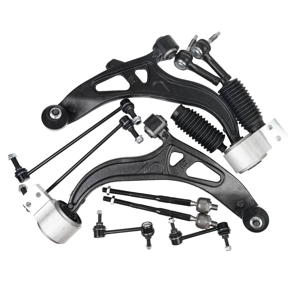 Front suspension control arm and ball joint with tie rod ends, black arms and silver hardware