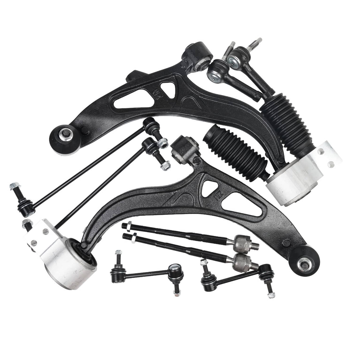 Front suspension control arm and ball joint with tie rod ends, black arms and silver hardware