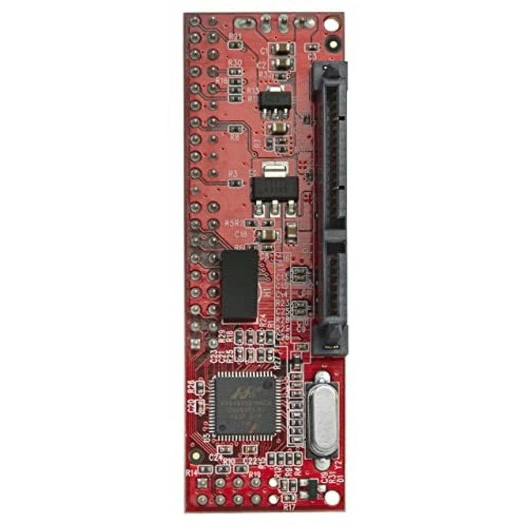 Red adapter PCB with black SATA connector slot and dense electronic components