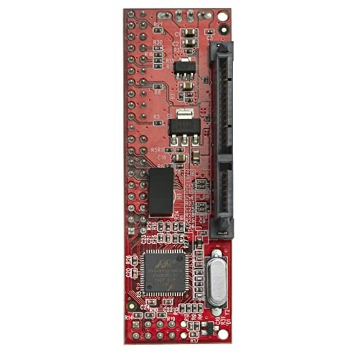 Red adapter PCB with black SATA connector slot and dense electronic components