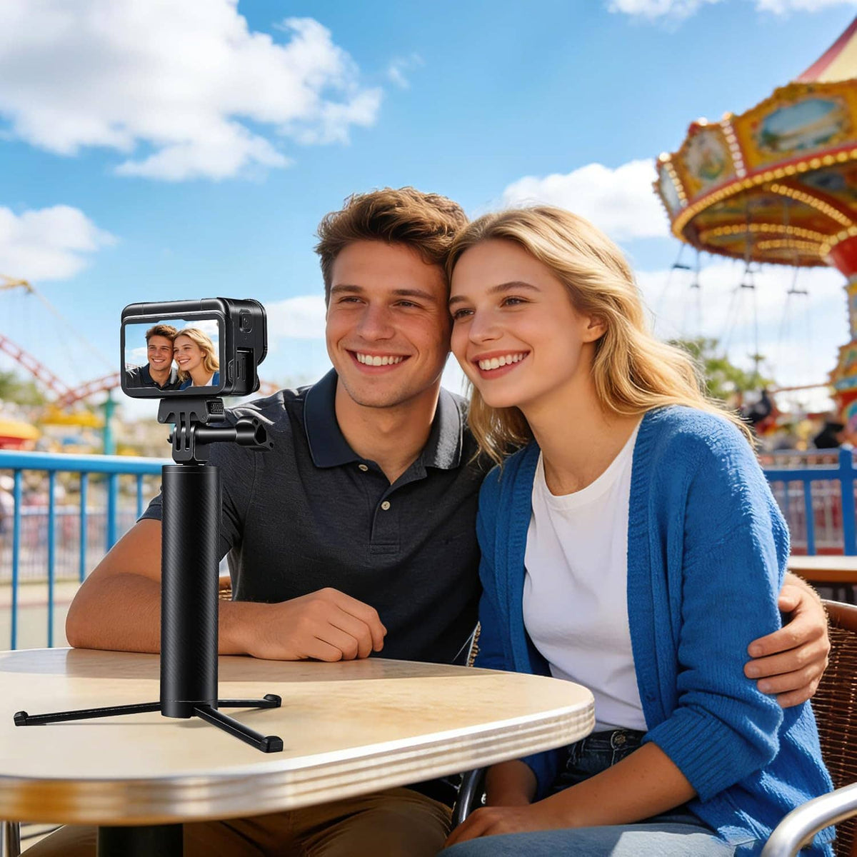 Black hard-shell case on table with mounted camera setup in front, shoulder strap visible
