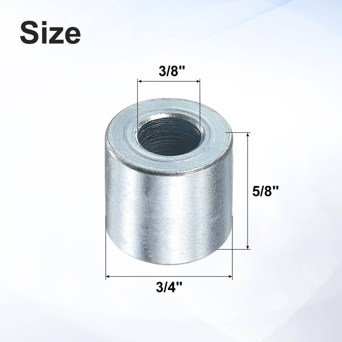 Silver spacer bushing with central hole, 3/4 in OD, 5/8 in length