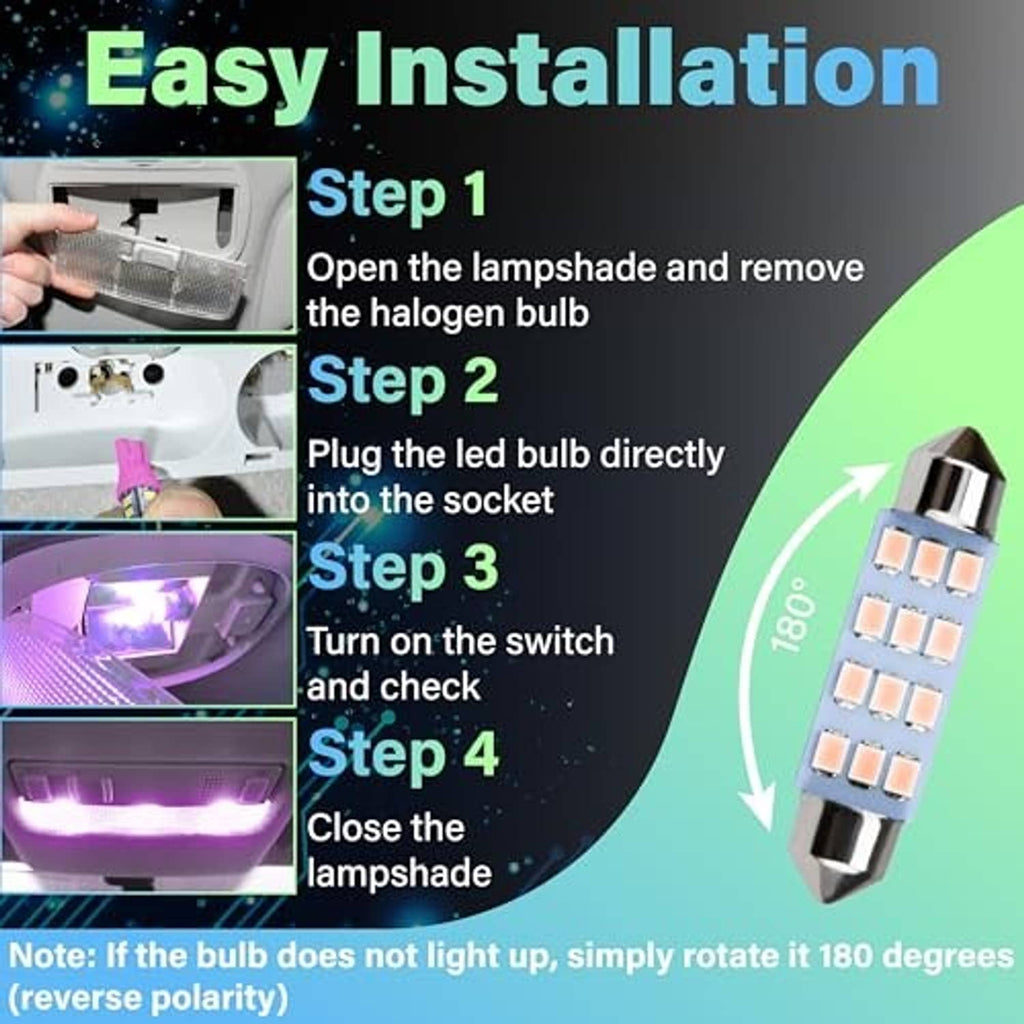 Pink T10 dome LED bulb with an easy installation diagram and socket connection