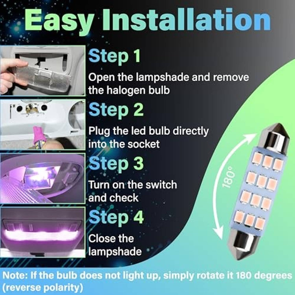 Pink T10 dome LED bulb with an easy installation diagram and socket connection