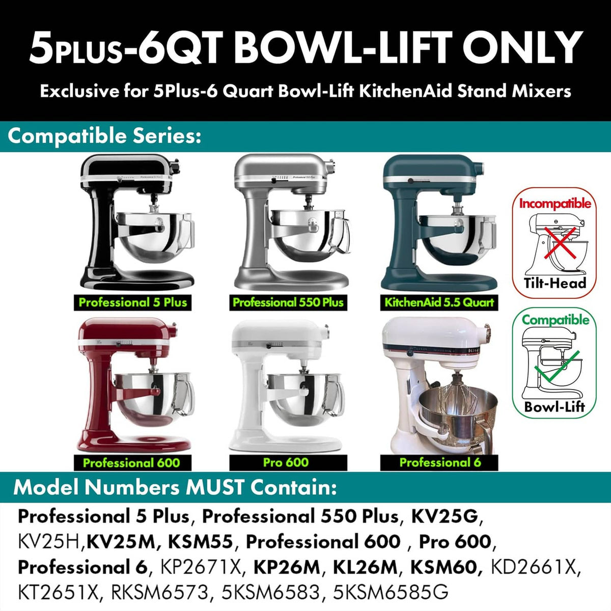 Spiral dough hook compatibility for Bowl-Lift KitchenAid stand mixers