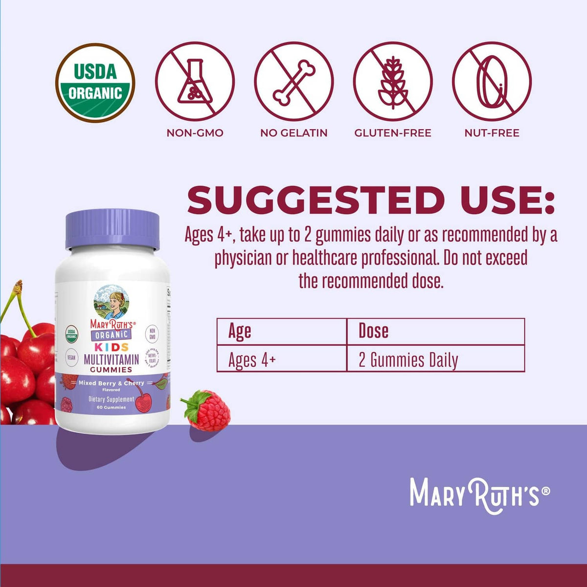 Organic kids multivitamin gummies bottle with suggested use chart and age 4+ dose