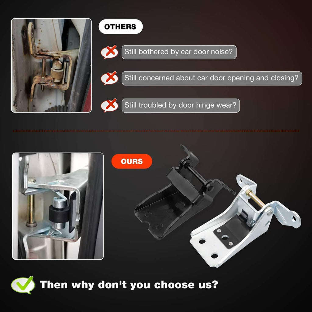 Door hinge set with inset close-up views of mounting brackets and pins