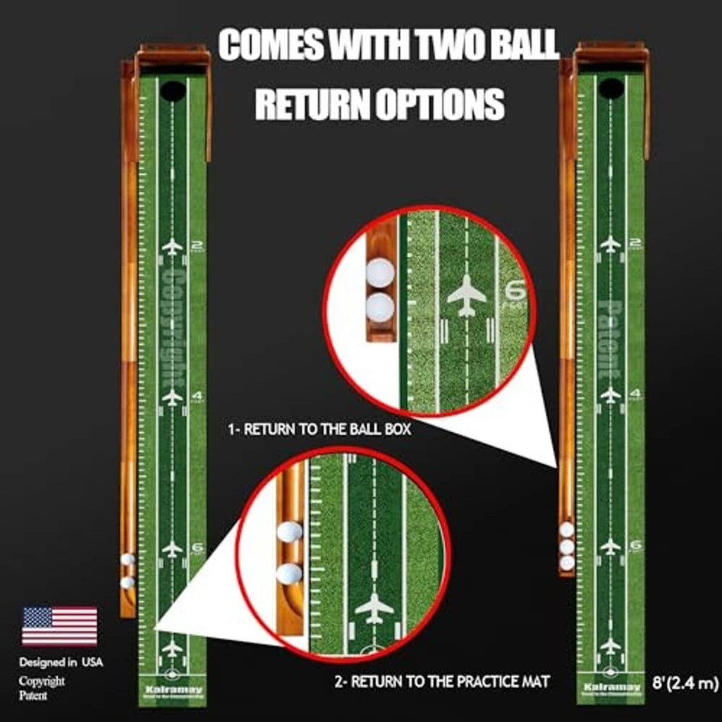 Green putting mat with two ball-return track options and practice lane openings