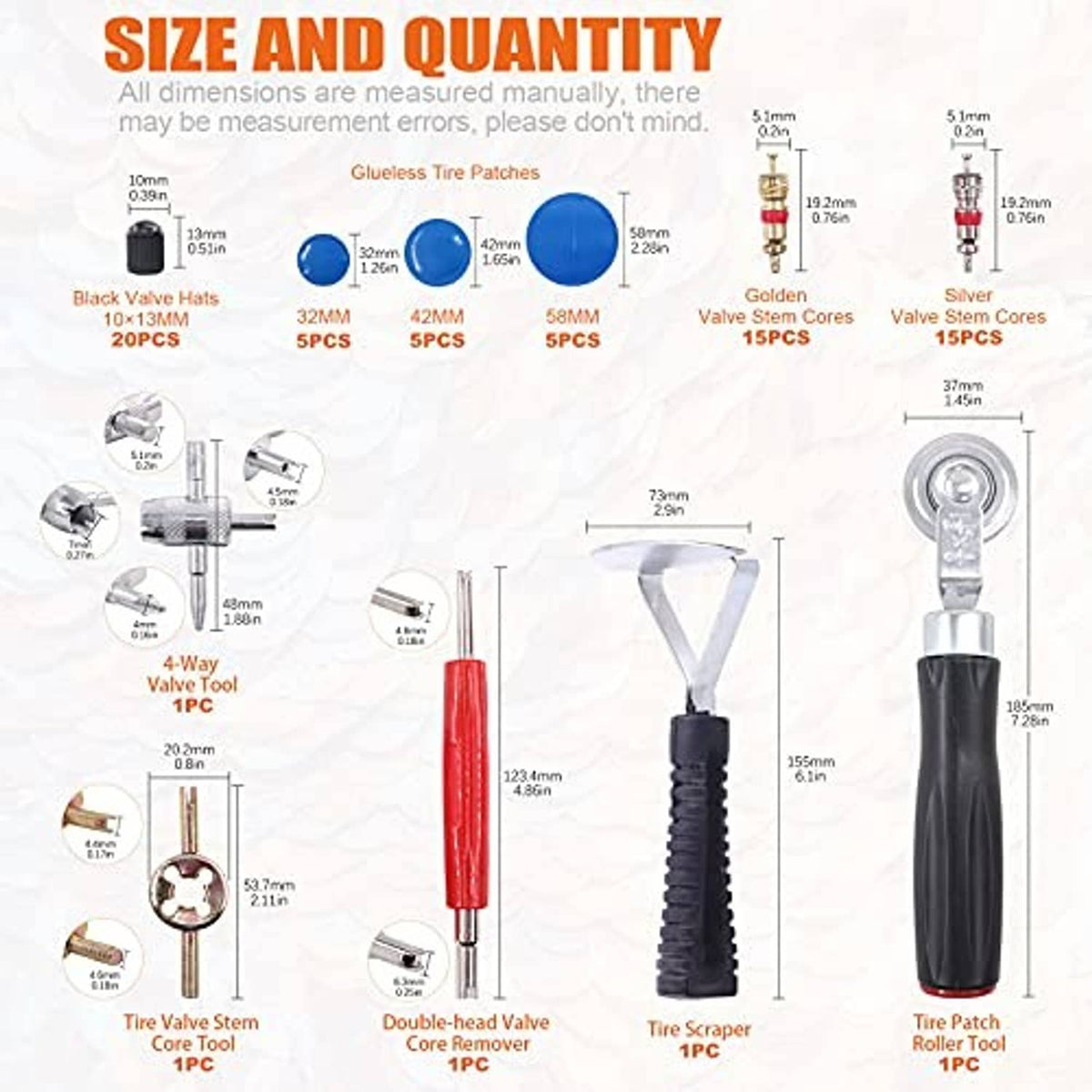 Tire repair kit size and quantity chart with patch and valve core measurements