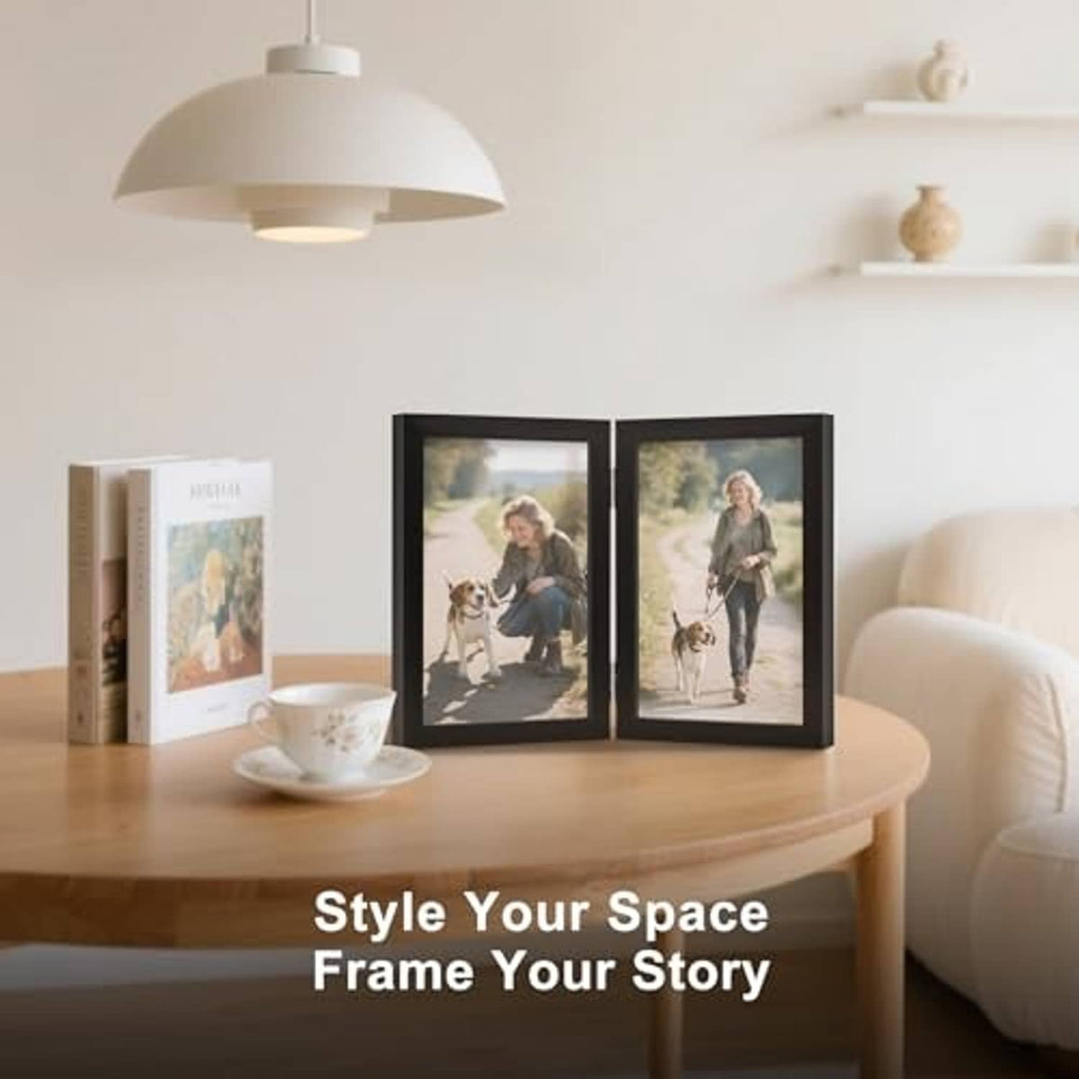 Black double hinged wooden photo frames with clear glass, two photos on tabletop