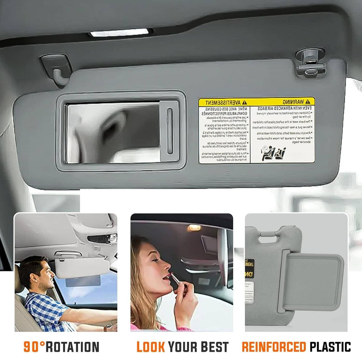 Gray sun visor overhead installed with rectangular mirror opening and warning label.