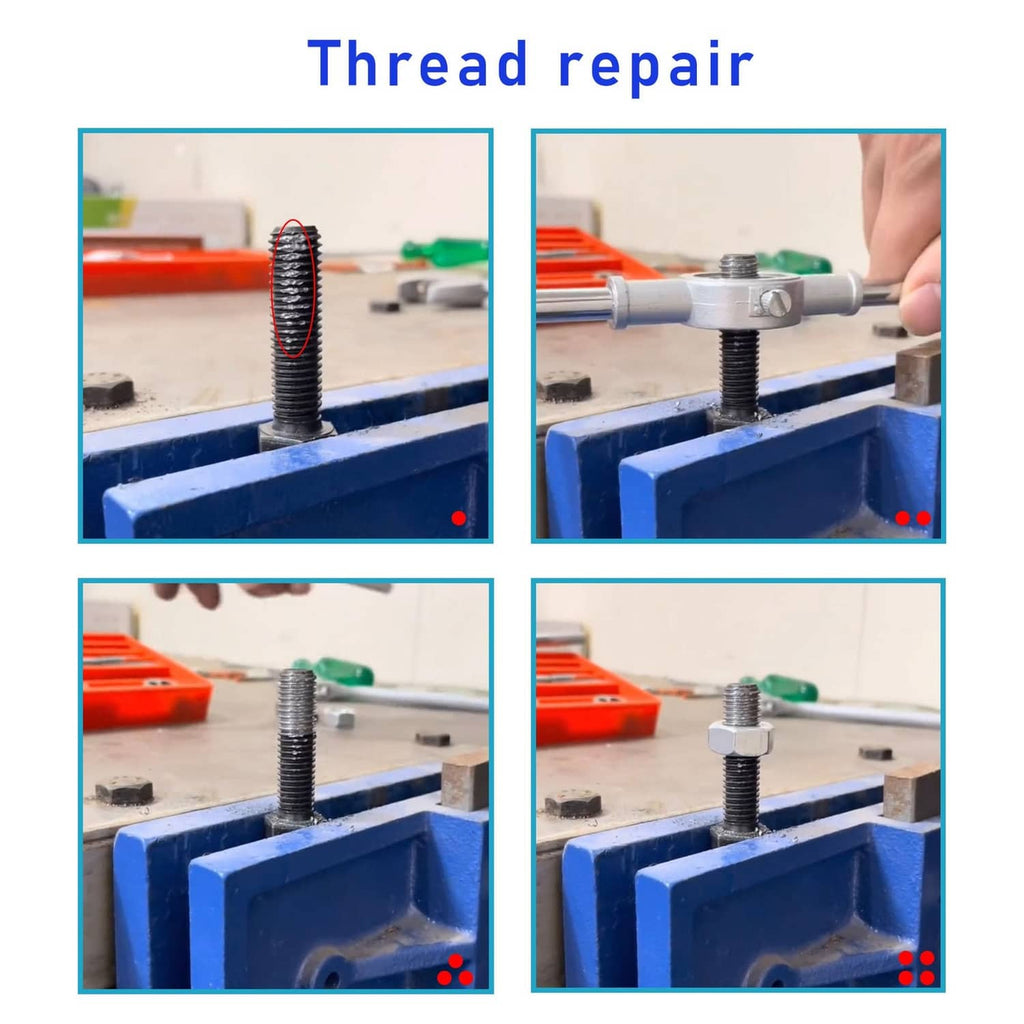 Thread repair clips showing threading die and threaded rod repair on a fixture