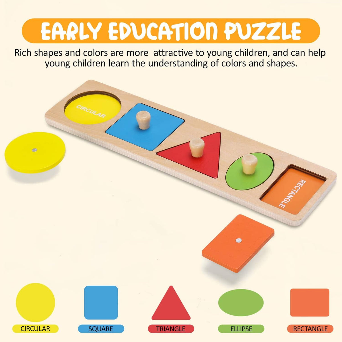 Wooden shape puzzle with colorful knob pieces for circle, square, triangle, oval, rectangle