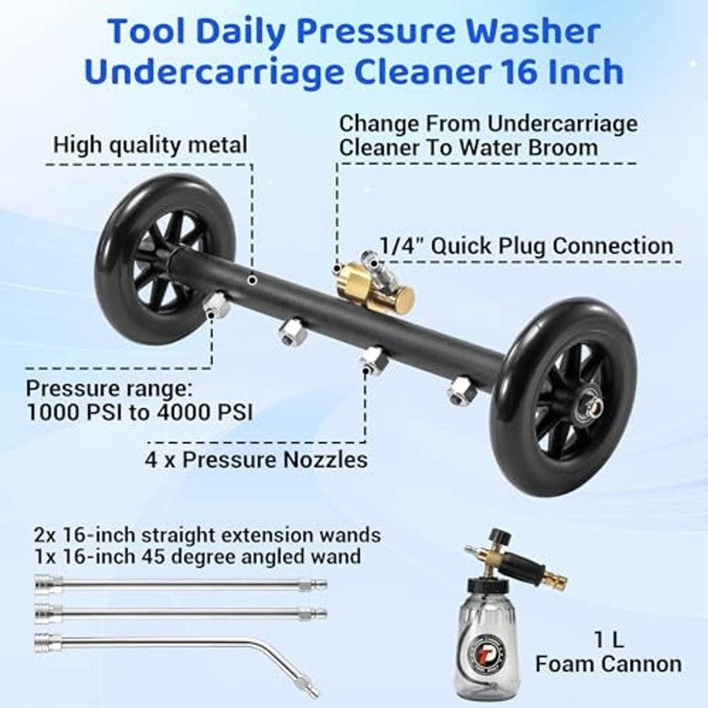 16-inch undercarriage cleaner tool with wheels, metal wand, brass quick-connect, and foam cannon