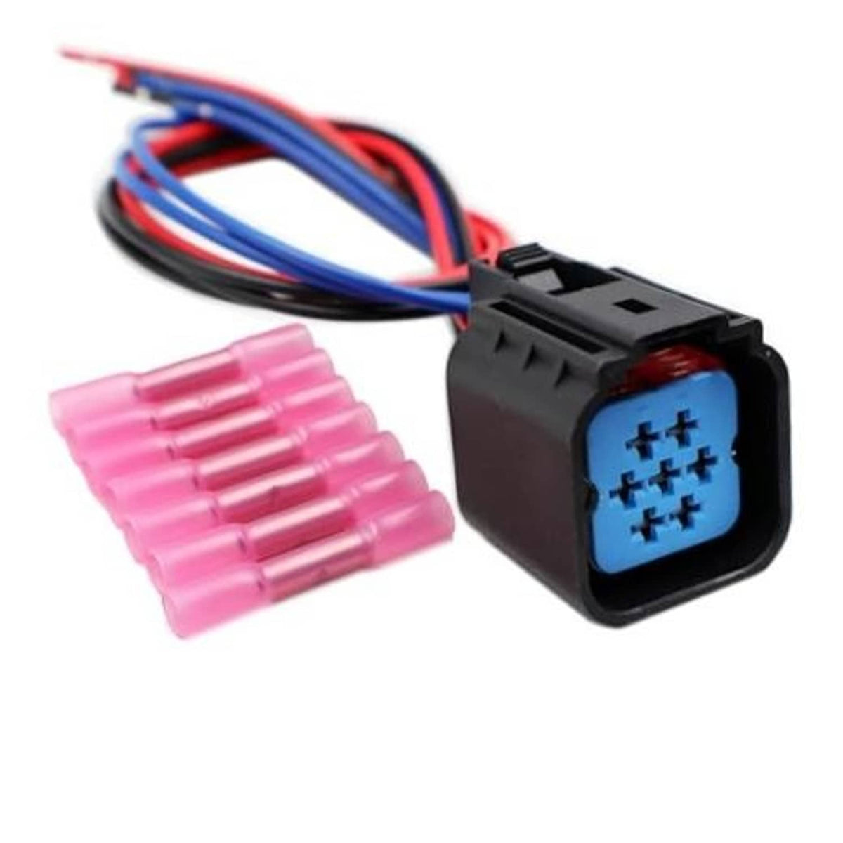 Headlight wire connector plug with blue contact panel, black housing, and pink terminal set