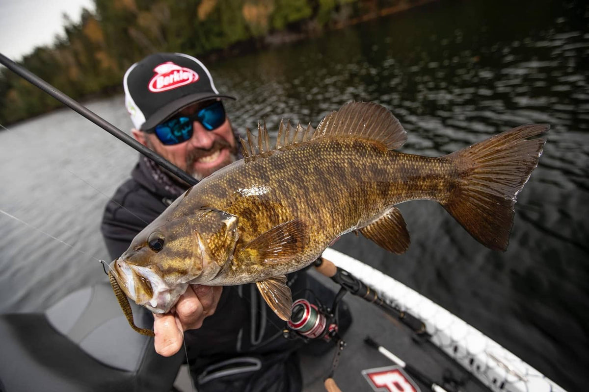 Angler holding largemouth bass catch while fishing