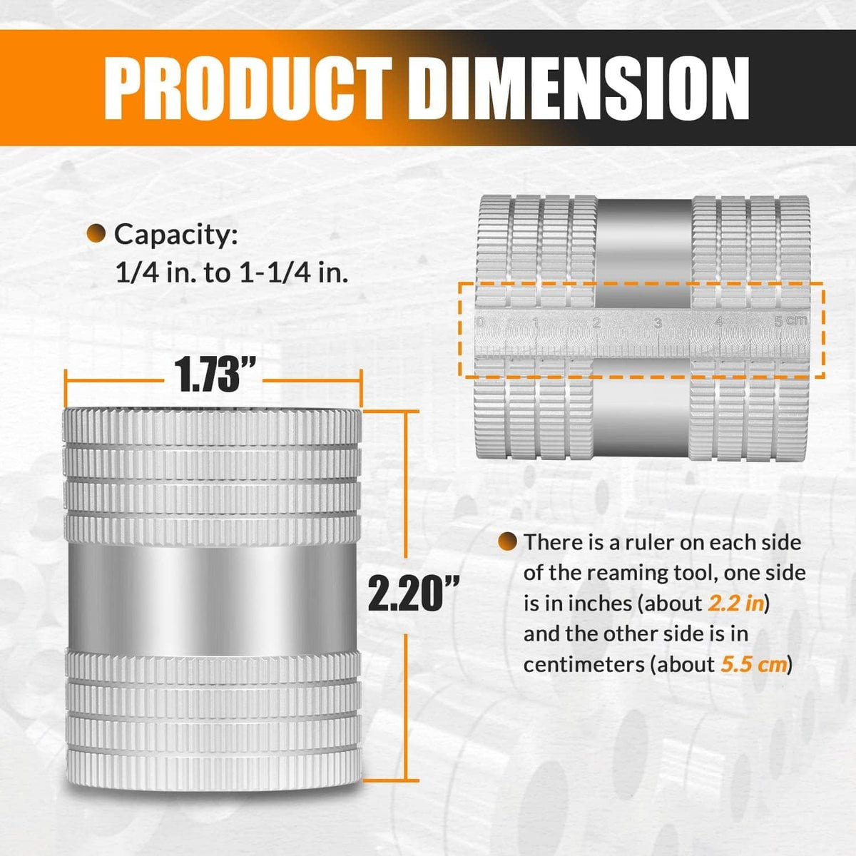 Cylindrical pipe reamer tool with ridged grip and fluted cutting section, side view.
