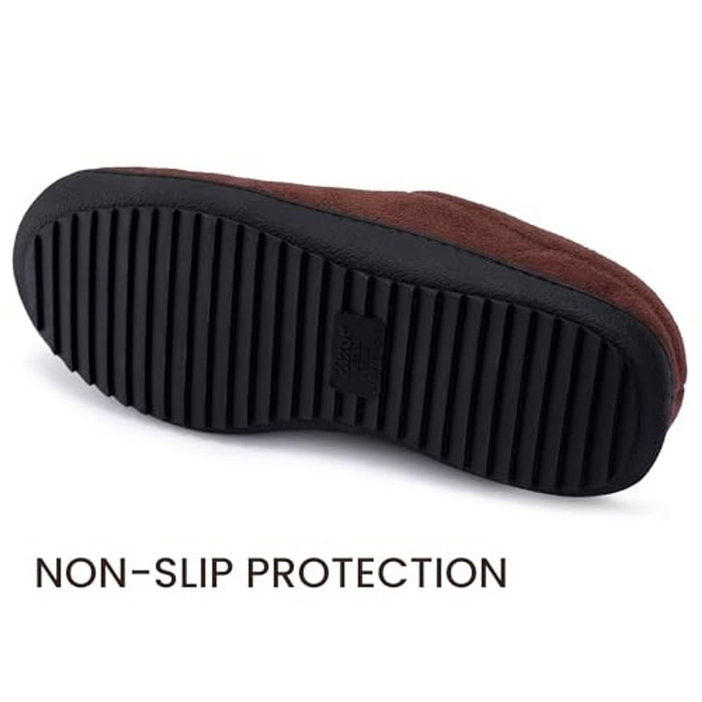 Non-slip tread rubber outsole on a dark brown moccasin slipper with cream lining