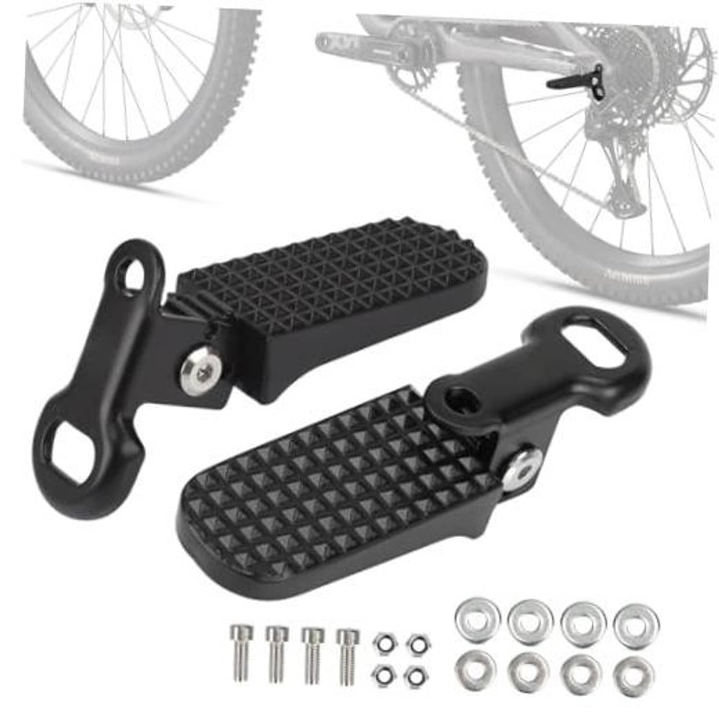 Black bike foot pegs with textured non-slip pads, mounting bracket and bolts set