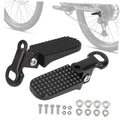 Black bike foot pegs with textured non-slip pads, mounting bracket and bolts set
