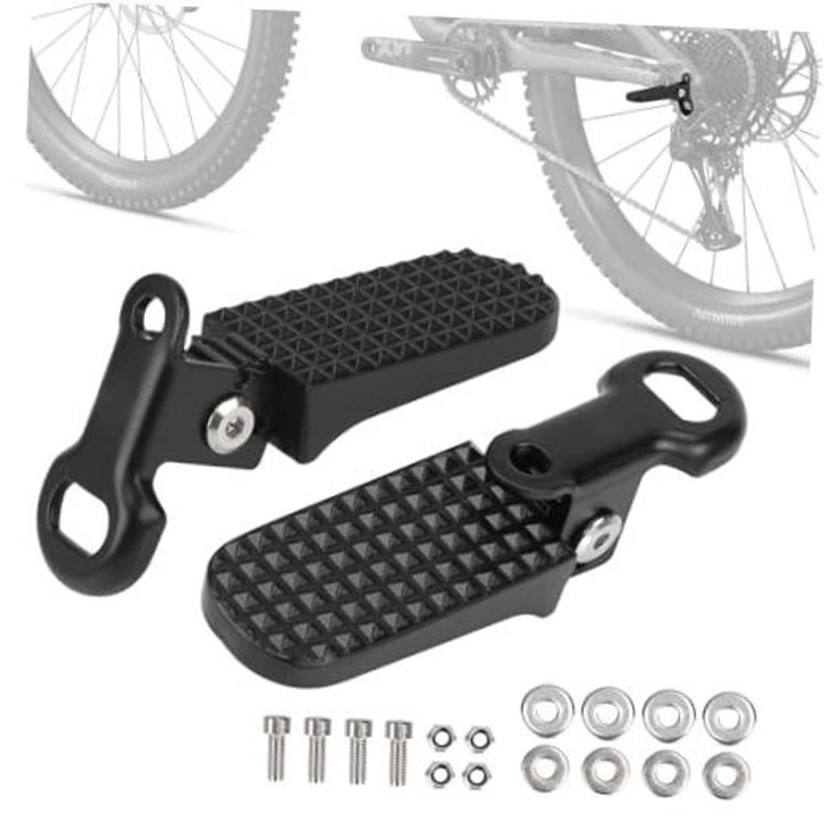 Black bike foot pegs with textured non-slip pads, mounting bracket and bolts set