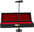 Miniature microphone on stand with black case and red velvet lining