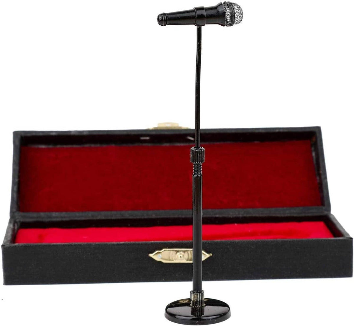 Miniature microphone on stand with black case and red velvet lining