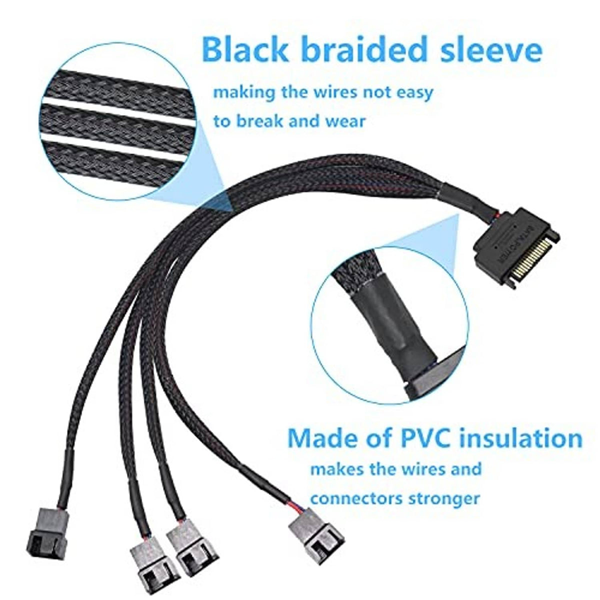 Black braided sleeve adapter cable with SATA plug and molded connector ends