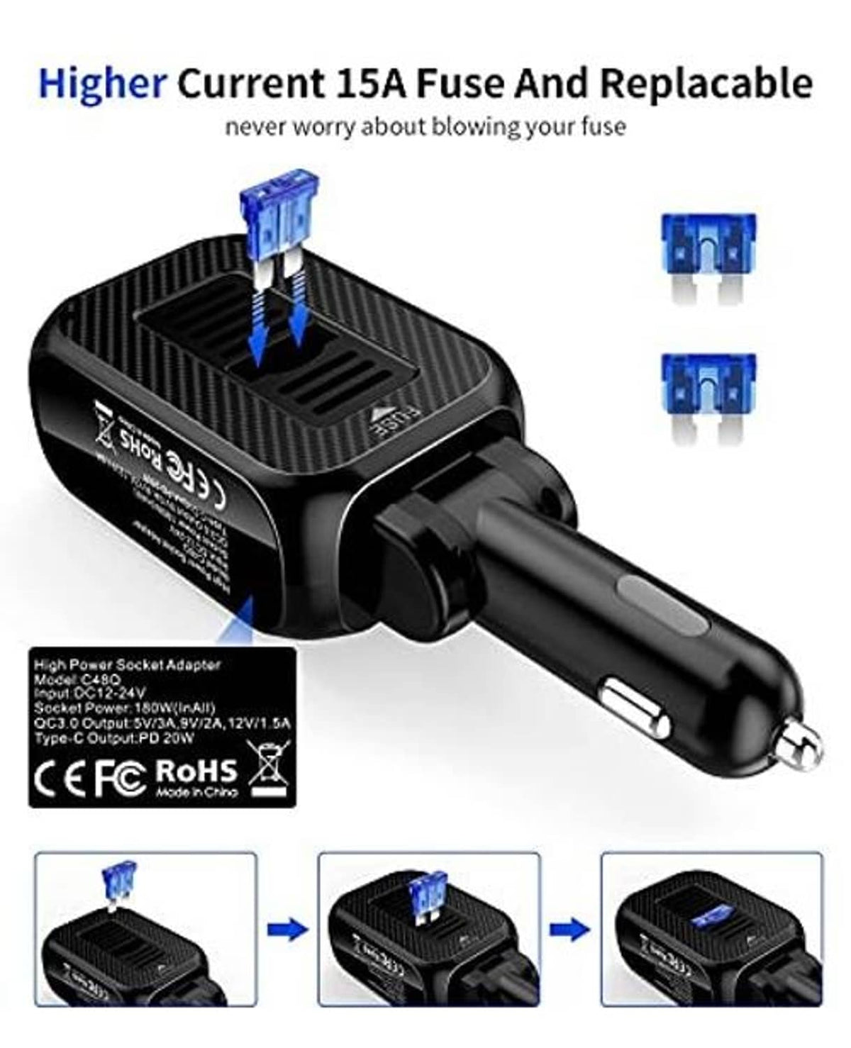 Car cigarette lighter splitter with built-in fuse and replacement fuse pieces
