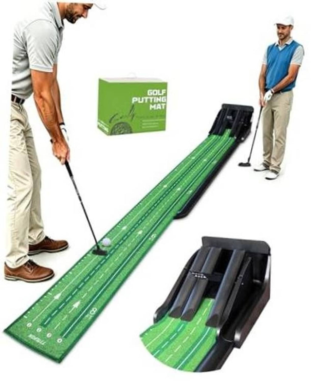 Green indoor golf putting practice mat with ramp tracks and ball roll area