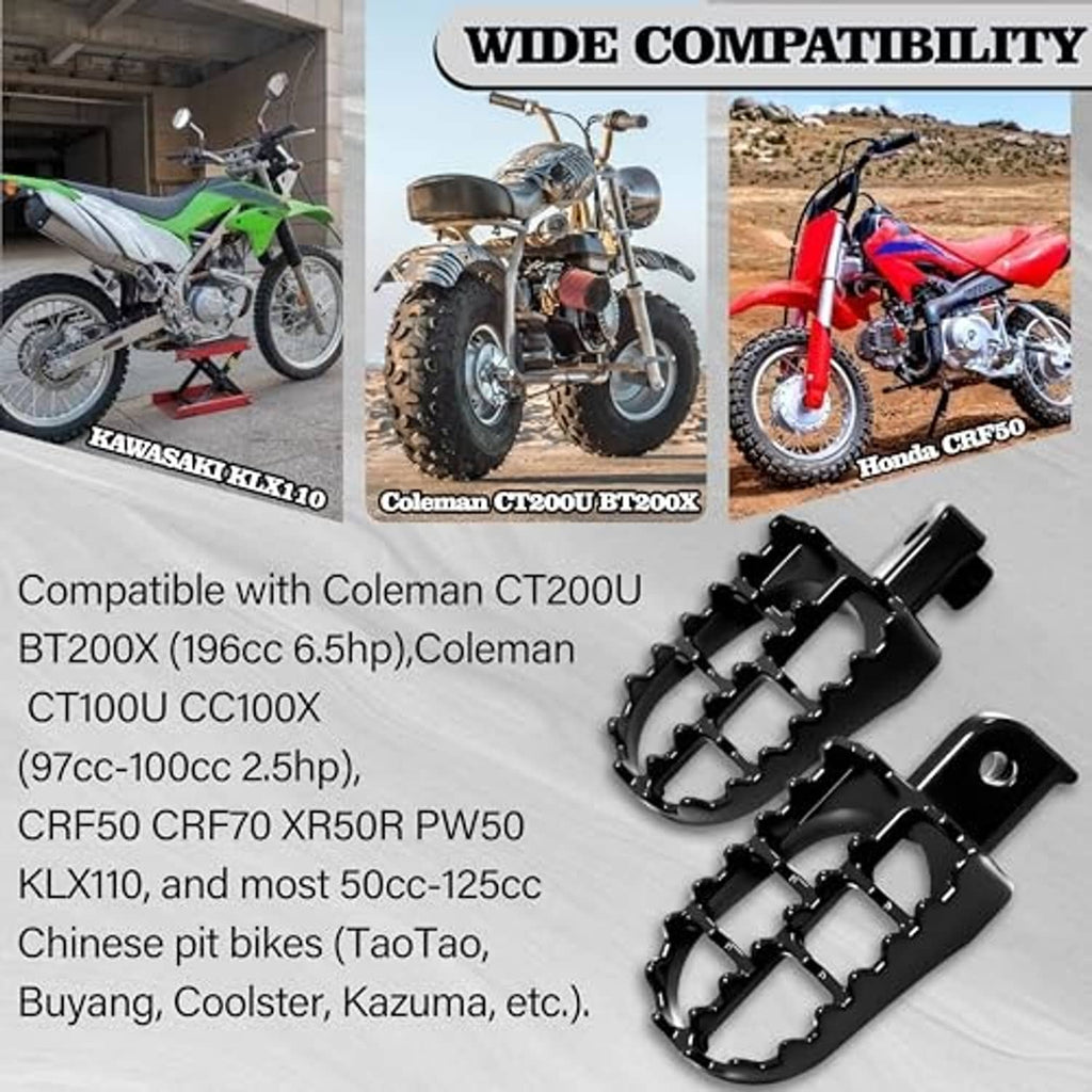 Black dirt bike foot pegs with toothed grip design and mounting hardware