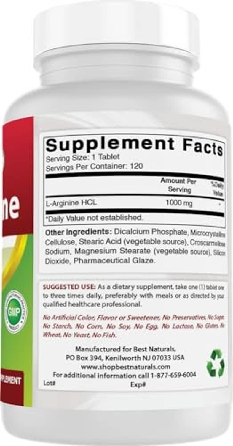 Best Naturals L-Arginine 1000 mg bottle back label with Supplement Facts