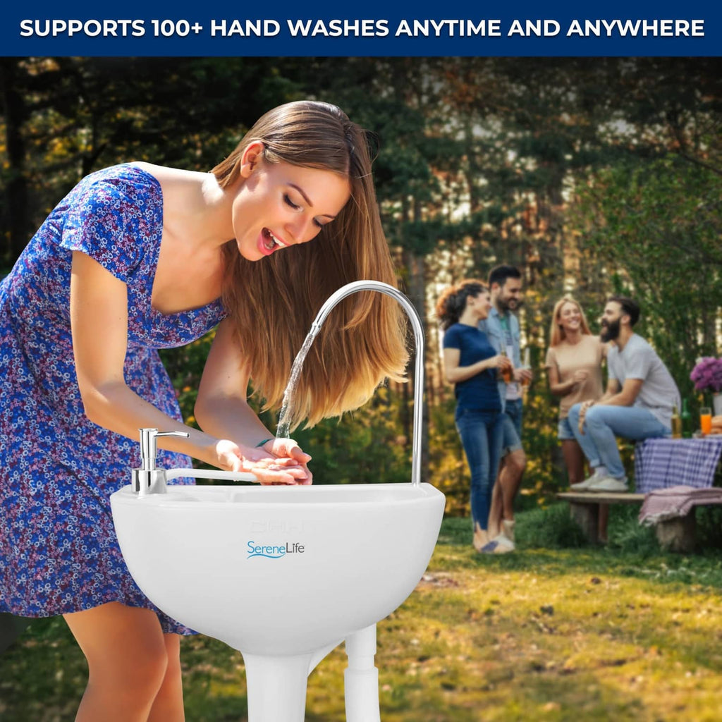 White portable hand wash sink station with faucet and basin, being used outdoors