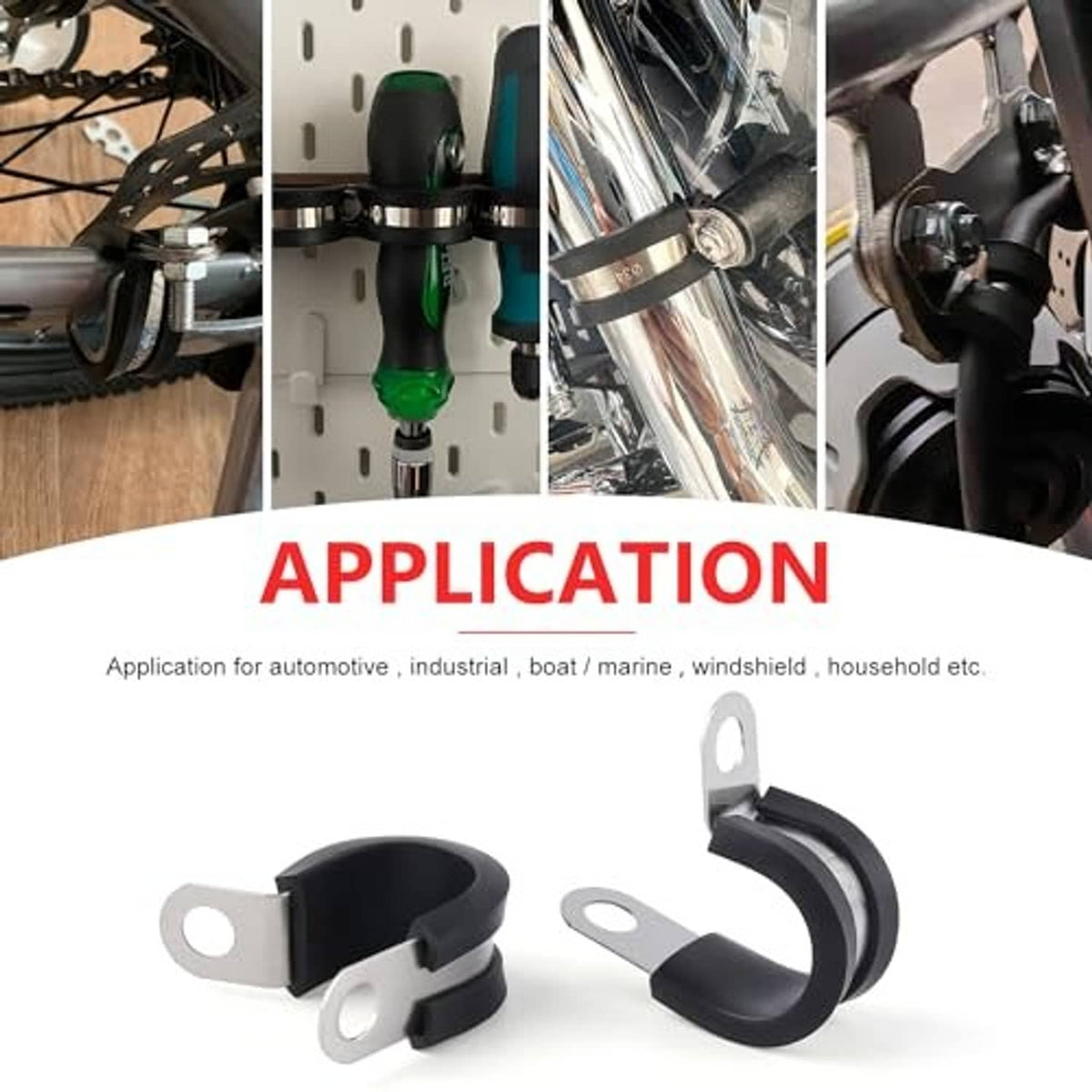 Cable clamp with black rubber insert and stainless steel strap, installed on equipment