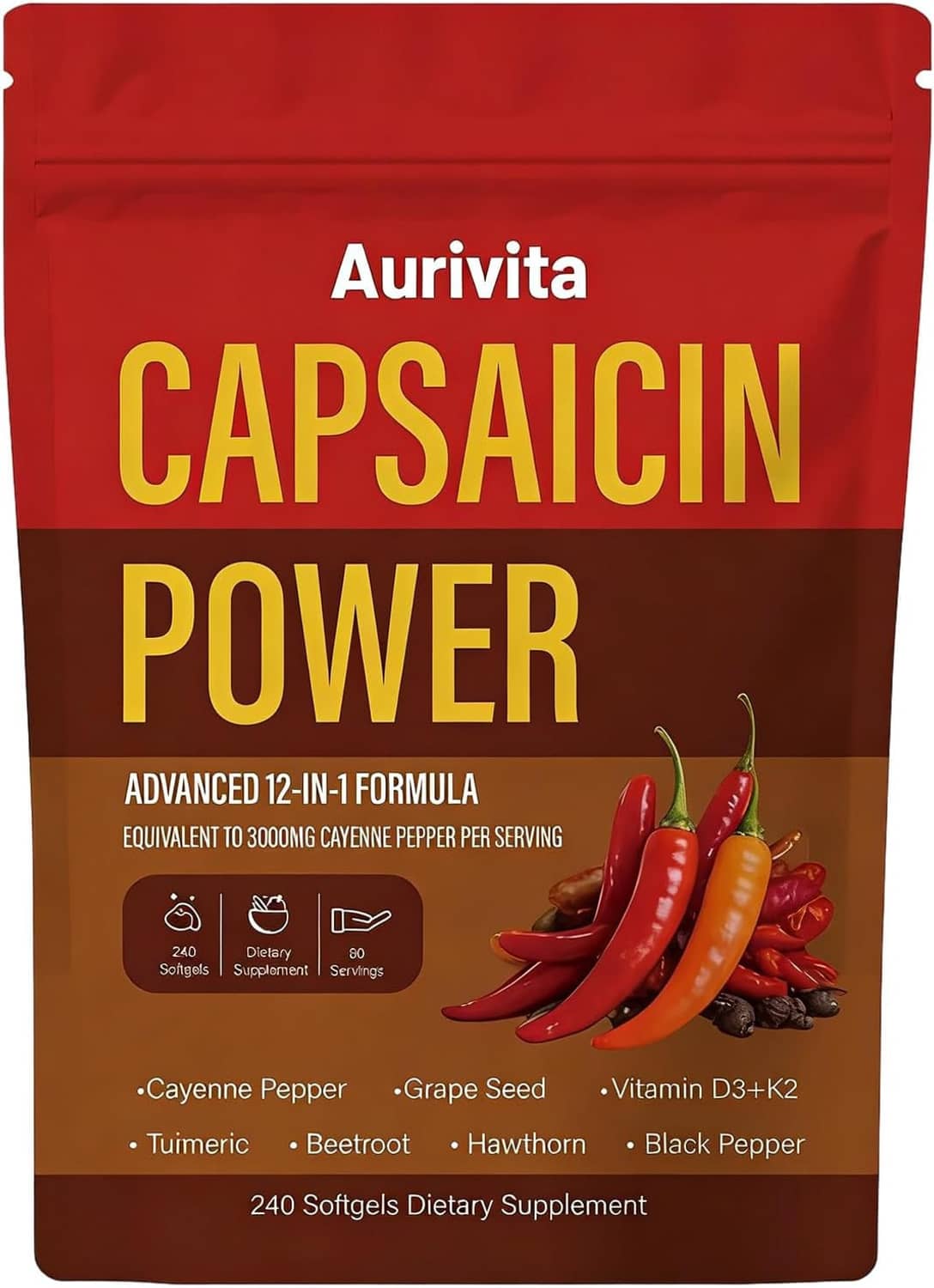 Aurivita Capsaicin Power softgels pouch front label with Advanced formula banner