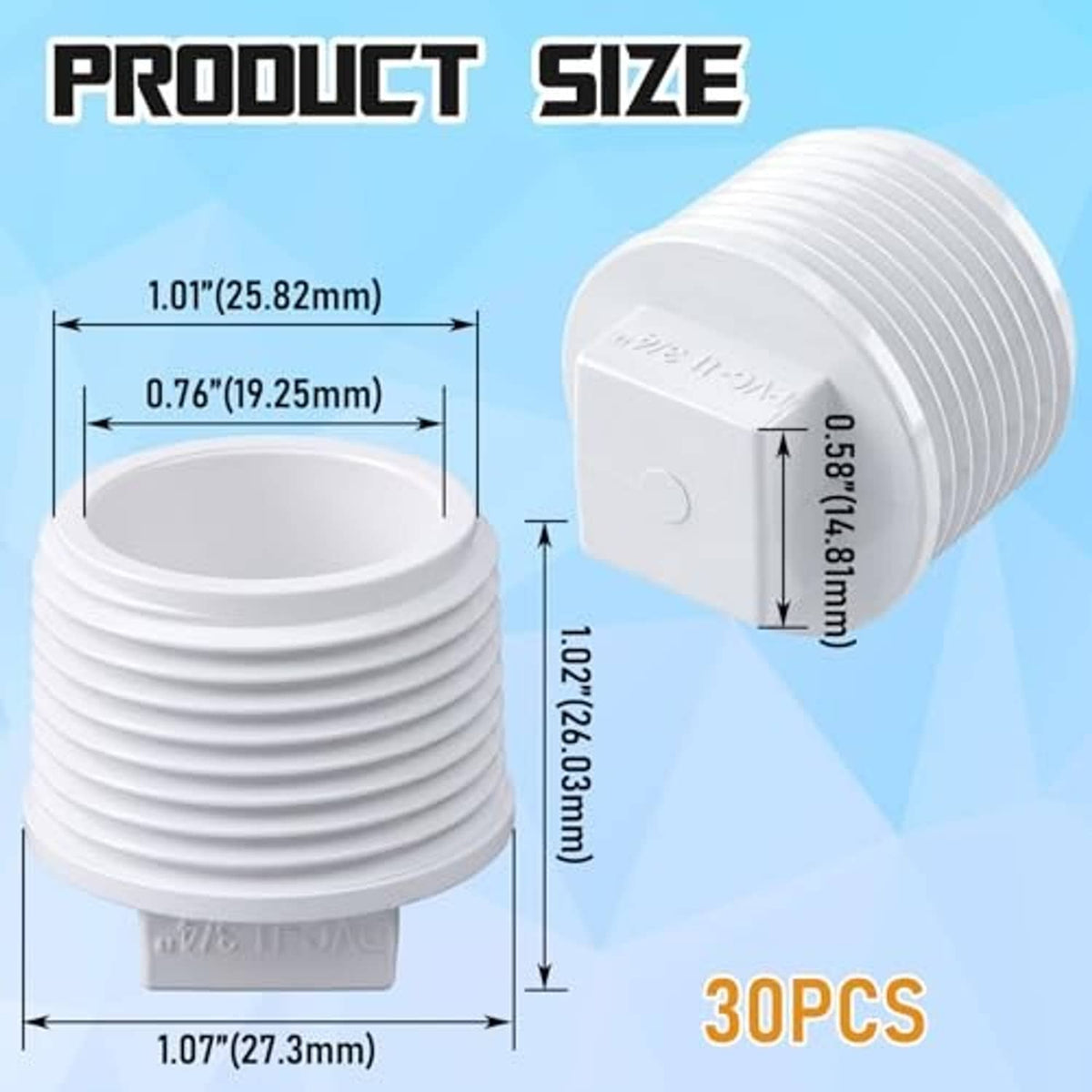 White 3/4 in PVC NPT plug adapter with external threads and square end