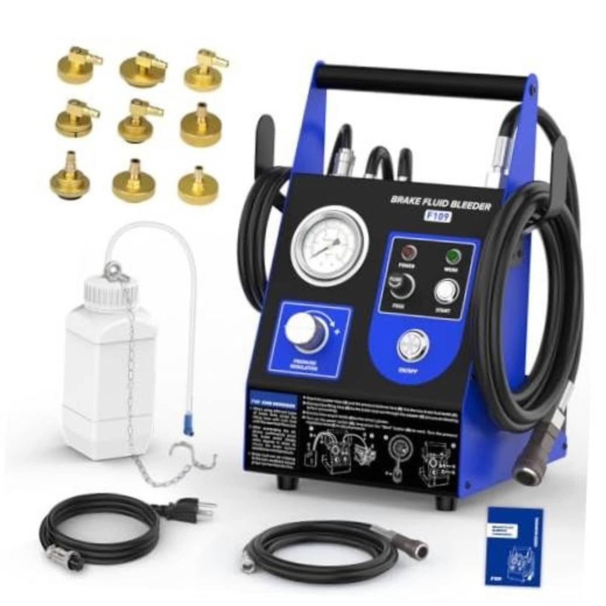 Electric brake fluid bleeder kit with control panel, gauge, and black vacuum hoses