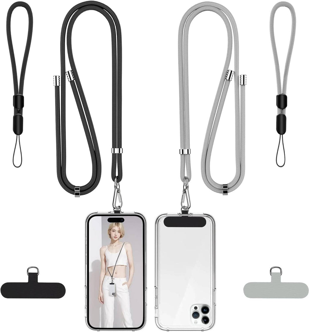 Two adjustable phone lanyards in black and gray, with metal clips and phone holder